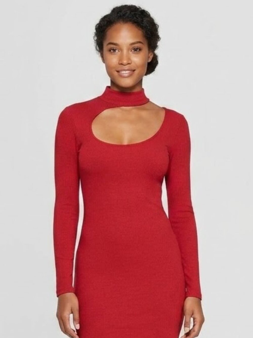 Urban Outfitters Fran Red Ribbed Long-Sleeve Mini Dress with Front Cutout